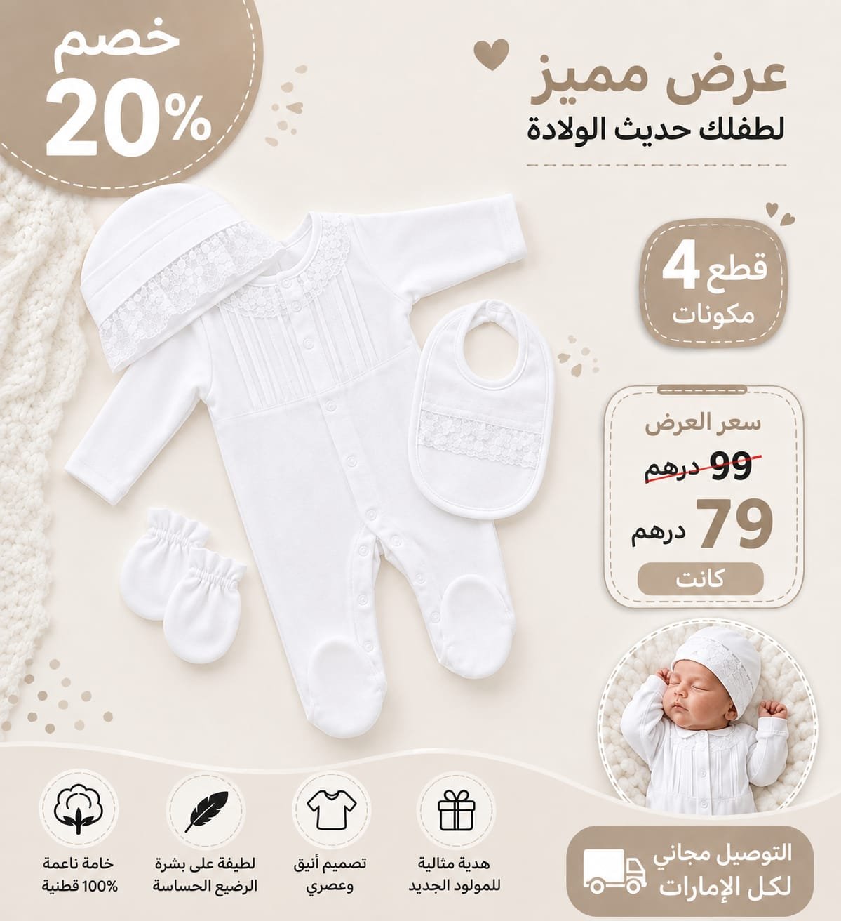 طقم حديثي الولادة الأنيق – 4 قطع 🤍