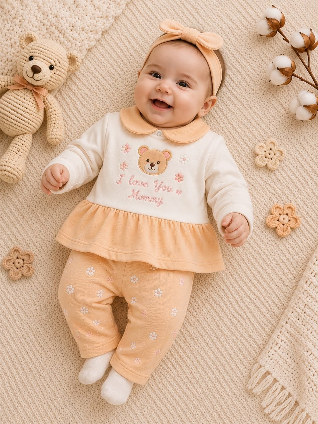 طقم بيبي بناتي قطعتين بتصميم الدبدوب 🌸🧸