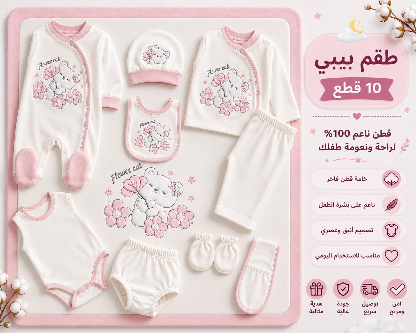 طقم بيبي بناتي كامل – 10 قطع | قطن ناعم 100% 🌸